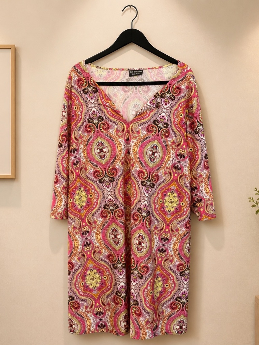 Bright Paisley V-Neck Tunic Dress with 3/4 Sleeves